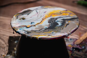 Fluid art on a round canvas. Behind polyethylene. Master class on creating a fluid. The paint drips on the ground.