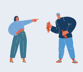 Vector illustration of Woman played a joke on angry man. Offended man
