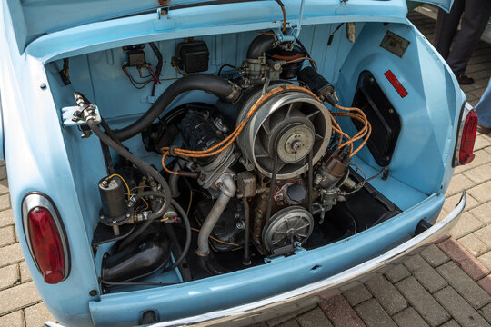 Minsk, Belarus, 07.06.2014.  Soviet car Zaporozhets, ZAZ 965. Open engine hood.