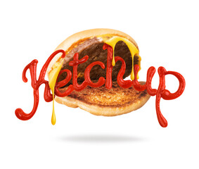 The word ketchup made by tomato sauce with cheeseburger close-up on white background