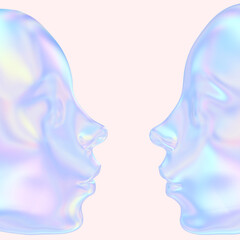 Futuristic face profile twins in holographic colorful gradient texture 3d rendering, abstract kissing women for music creative art poster design. Artificial intelligence - ai concept