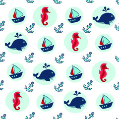 Seamless marine-themed pattern with shells, ships, marine life.