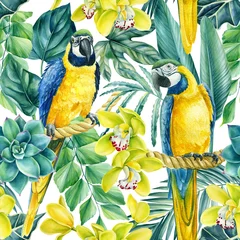 Tapeten Papagei Nahtloses Muster aus tropischen Blättern, Orchideenblüten und Ara-Papageien, Dschungelhintergrund, Aquarellmalerei