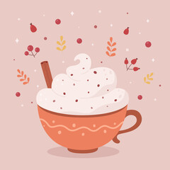 Coffee cup with cream and cinnamon stick. Autumn hot drink. Hello autumn. Vector illustration
