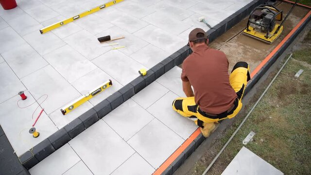 Small Architecture Worker Paving Residential Patio Area