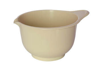 Empty plastic mixer bowl with a spout close-up. An isolated object on a white background. Kitchen utensils, dishes, a ladle.