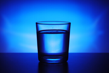 A glass with water at blue background
