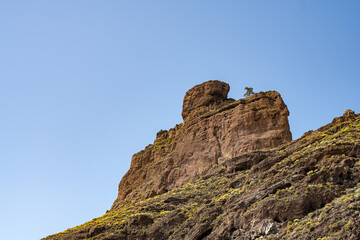 Fototapeta premium Ausblick auf kanarische Berglandschaft, Roque Nublo und Roque Bentayga bei strahlendem Sonnenschein und blauem Himmel 