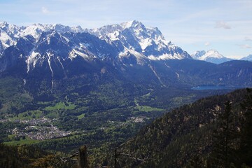 Fototapeta na wymiar View from Kramerspitz mountain to Zugspitze and Eibsee, Upper Bavaria, Germany
