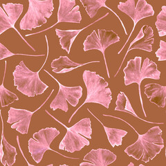 Ginkgo biloba leaves floral watercolor seamless pattern. Garden plant known as ginko or gingko. Ginkgo plant herbal alternative medical care anti-oxidant leaves floral seamless pattern in brown.