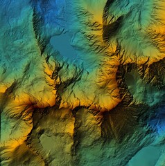Obraz na płótnie Canvas Digital elevation model. GIS product made after proccesing aerial pictures taken from a drone. It shows high rocky and steep mountain peaks. At their feet are visible valleys and mountain lakes