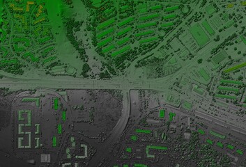 Digital elevation model. GIS product made after proccesing aerial pictures taken from a drone. It shows city urban area with roads and suburbs