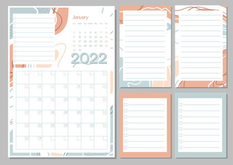 January 2022 calendar month planner in pastel color, week starts on Sunday, planner and notes pages collection set. Drawing page for notes, notebooks, diary, organizer and schedule