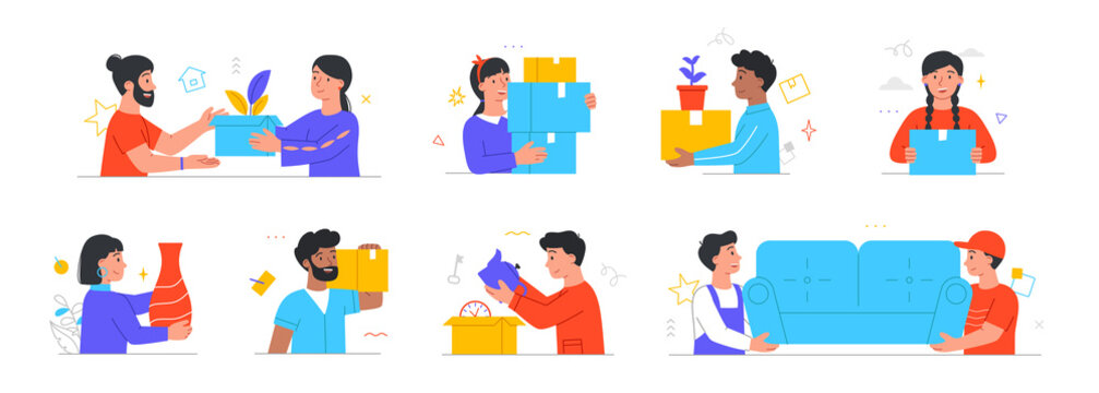 Set of male and female characters moving or leaving their homes and offices on white background. People pack belongings and relocate to new places. Transportation. Flat cartoon vector illustration