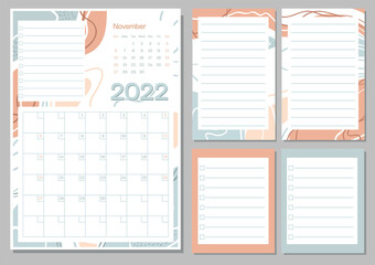 November 2022 calendar month planner in pastel color, week starts on Sunday, planner and notes pages collection set. Drawing page for notes, notebooks, diary, organizer and schedule