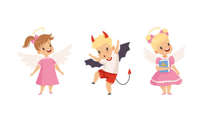 Naughty Boy with Devil Horn and Obedient Little Girl in Neat Dress with Angel Wings Vector Set