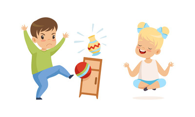 Naughty Boy Kicking Ball Breaking Vase and Obedient Little Girl Sitting in Lotus Yoga Pose Vector Set