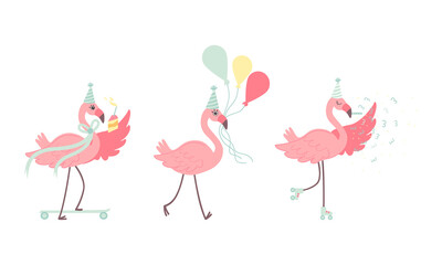 Cute Pink Flamingo in Birthday Party Hat Carrying Bunch of Balloons and Skateboarding with Cake Vector Set