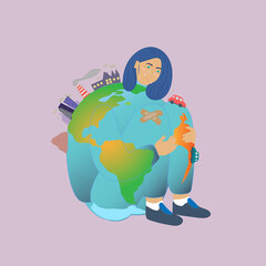 illustration of a globe-person holding her knees and crying on purple background