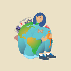 Earth-human cries, holding her knees on red background illustration 