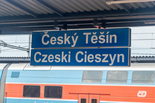 Cesky Tesin, Czech Republic - June 5, 2021: Sign Cesky Tesin (Czeski Cieszyn) at railway station.