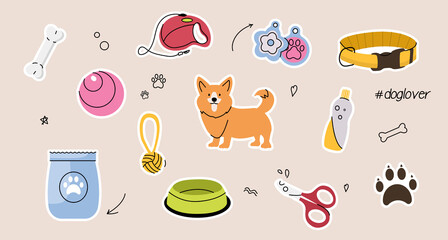 Set of cute dog supplies and equipment on yellow pastel background. Food, toys, home, collar, leash, tag, bone and other essential elements. Pet shop or store. Flat cartoon vector illustration