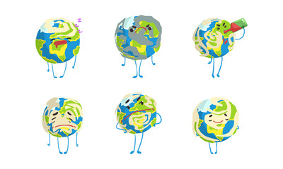 Funny Earth Planet in Various Actions Set, Globe Character Showing Different Emotions Cartoon Vector Illustration