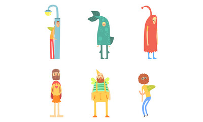Strange People in Bizarre Costumes Set, Funny Men Dressed as Lamppost, Whale, Butterfly, Superhero Cartoon Vector Illustration