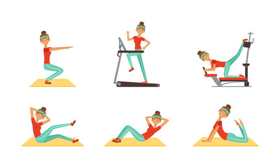 Young Woman Doing Fitness Workout Set, Girl Training with Sports Equipment, Squatting, Practicing Yoga Cartoon Vector Illustration