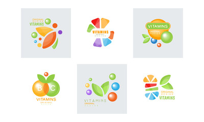 Vitamins Original Logo Design Set, Natural Supplements Labels Cartoon Vector Illustration