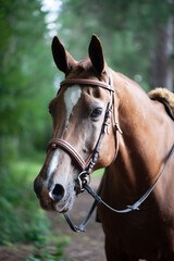 Portrait of a red harnessed horse in a beautiful forest