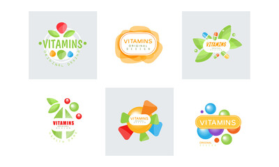 Vitamins Original Logo Set, Multivitamin Supplements Labels Cartoon Vector Illustration