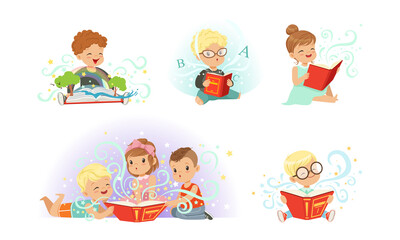 Adorable Children Reading Fairytale Fantasy Books Set, Fairy Magical Adventures, Kids Imagination Concept Cartoon Vector Illustration