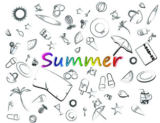 A set of cute bright summer icons: food, drinks, palm trees, fruits,sunglasses, beach umbrella, shells, starfish crabs. Bright summer poster.