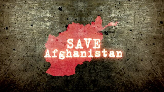 Afghanistan protest from local diaspora. Save Afghanistan sign.Save Afghanistan, banner on grunge background. Fiery text. Suffering Afghanistan
