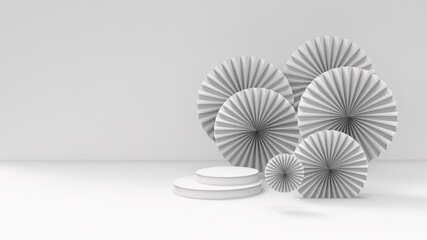 3d render illustration with paper fans and minimal stand background. Geometric shapes, grey colour for opportunity to decorate with your purposes. Banner, mock up product background.