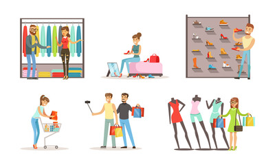 People Shopping for Clothes in Clothing Store or Boutique Set, Women and Men Trying on and Choosing Apparel and Shoes Cartoon Vector Illustration