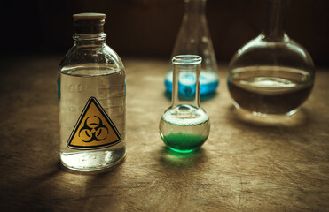 Glass bottles with a bio threat icon on a retro-style wooden table. Dangerous production at home. Toxic liquids.