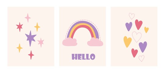 Cute childish set with rainbow, stars and hearts on pink pastel background. Concept of lovely nursery pastel color art. Beautiful style boho print. Flat cartoon vector illustration