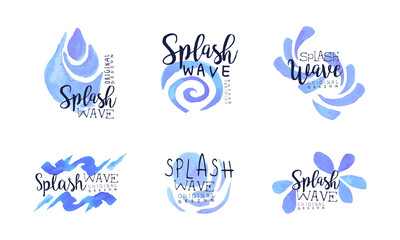 Splash Wave Logo Set, Nature, Eco, Ocean, Sea, Swimming Pool Labels, Abstract Logo for Business Design Hand Drawn Vector Illustration