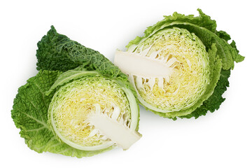 Savoy cabbage half isolated on white background with clipping path and full depth of field. Top view. Flat lay