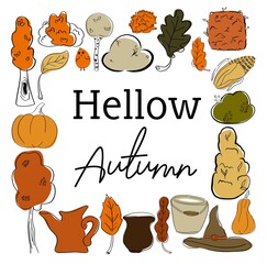 A set of autumn elements for the decor of invitations, postcards, web pages, posters. Stylized trees, autumn vegetables, buckets and leks,a witch's hat.