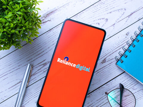 Assam, india - August 27, 2020 : Reliance digital store logo on phone screen stock image.