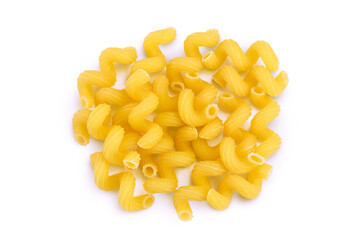 raw pasta cavatappi isolated on white background with full depth of field. Top view. Flat lay