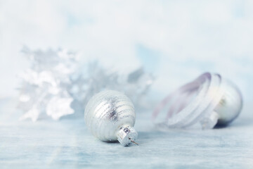 Christmas decoration. Bright wooden background. Close up. 