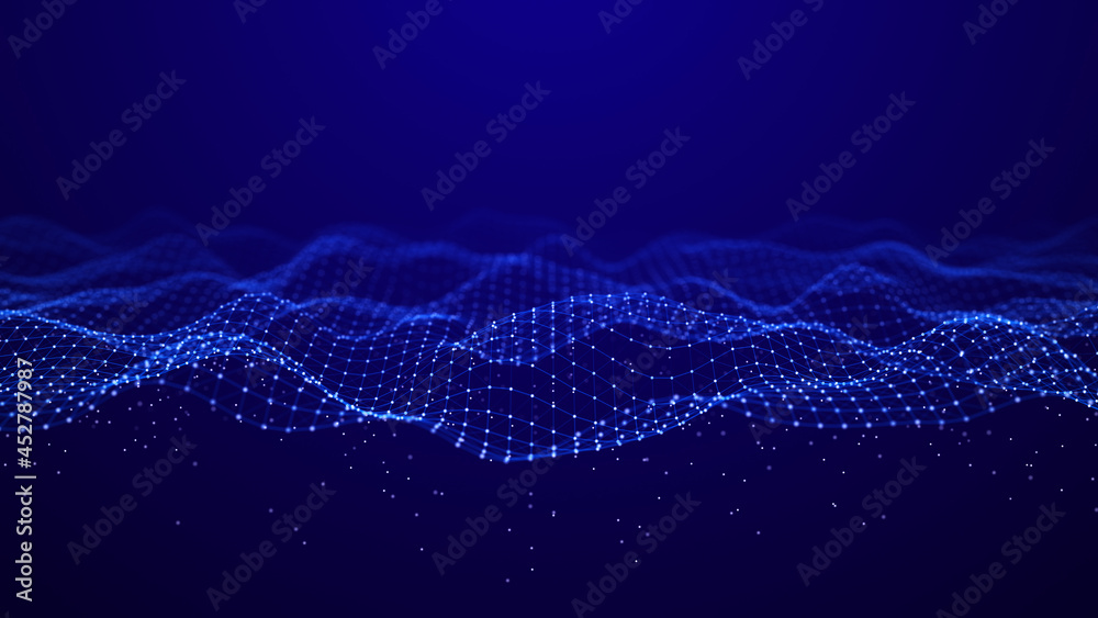 Fototapete Abstract background of points and lines. Cyber wave. Big data stream. 3d rendering