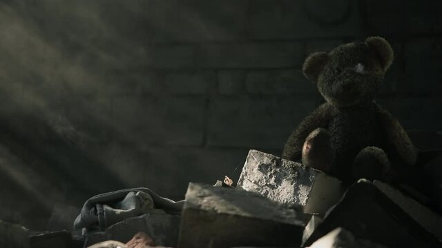 Bear Toy Inside House Ruins Illuminated by Sun Rays