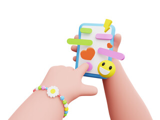 Cartoon girl character hands holding and using mobile phone. Messaging app with cute funny emoji, heart and other icons. 3D Rendering illustration