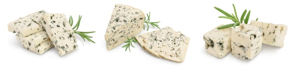 Blue cheese with rosemary isolated on white background with full depth of field. Set or collection