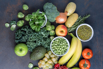 Healthy vegetarian food concept background, fresh green food selection for detox. Top view